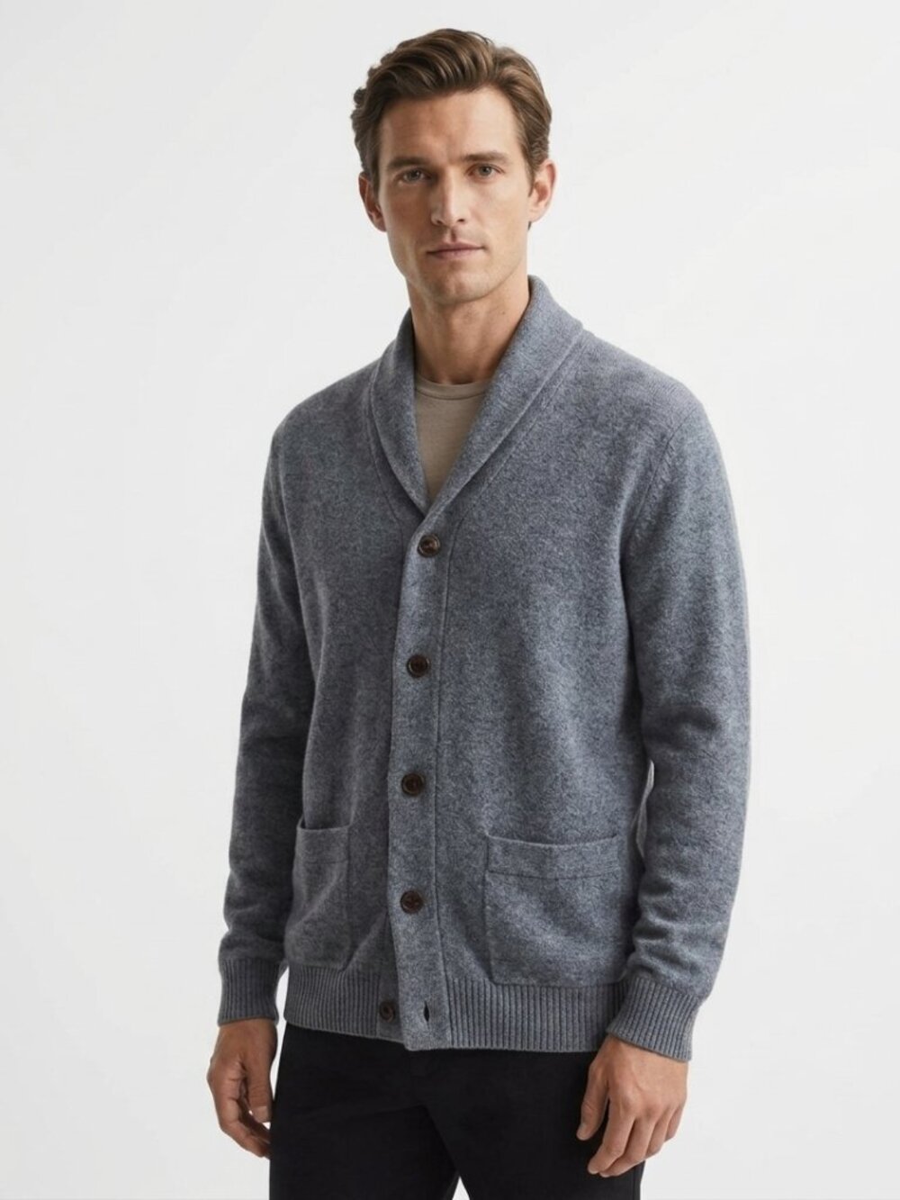 AIGLE MEN'S GREY 100% COTTON SHAWL LAPEL CARDIGAN - L